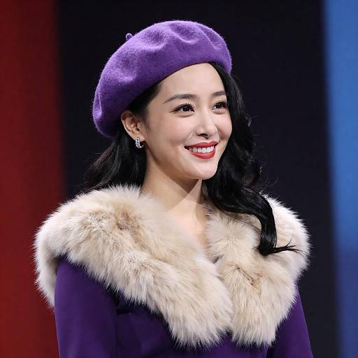 Confident Smiling Woman in Purple Attire