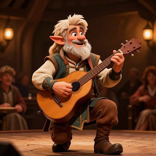 CGI image of a cheerful, bearded, elf-like character with white hair, playing an acoustic guitar on a wooden stage, surrounded by dimly