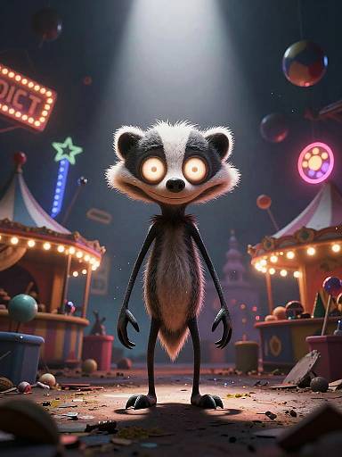 CGI cartoon of a startled, wide-eyed black and white badger standing in a brightly lit, colorful carnival at night. Neon signs and carnival booths
