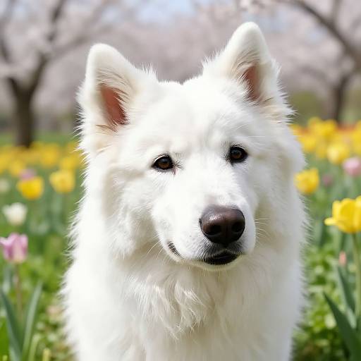 Realistic Spring Landscape with White Swiss Shepherd