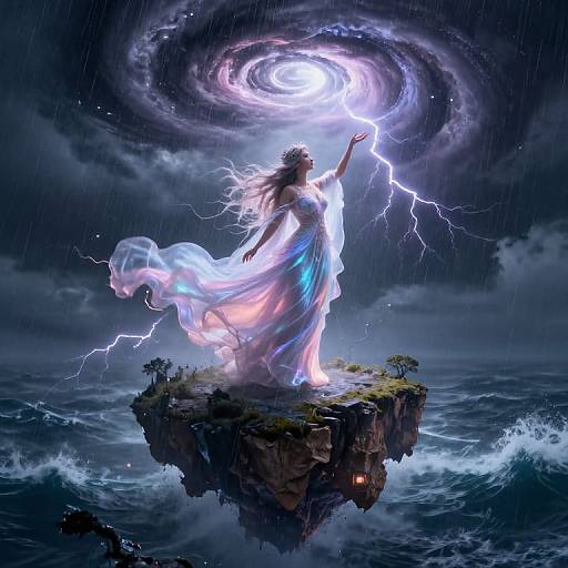 Digital painting: Ethereal woman in flowing white dress stands on floating island, reaching for swirling storm with lightning above dark, stormy sea.