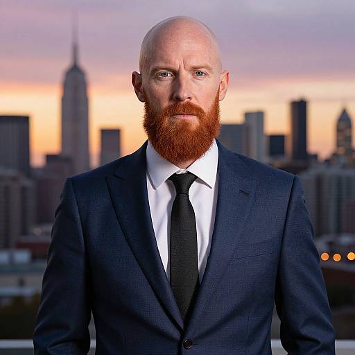 Photograph of a bald, bearded man in a dark blue suit, white shirt, and black tie, standing against a city skyline at sunset.