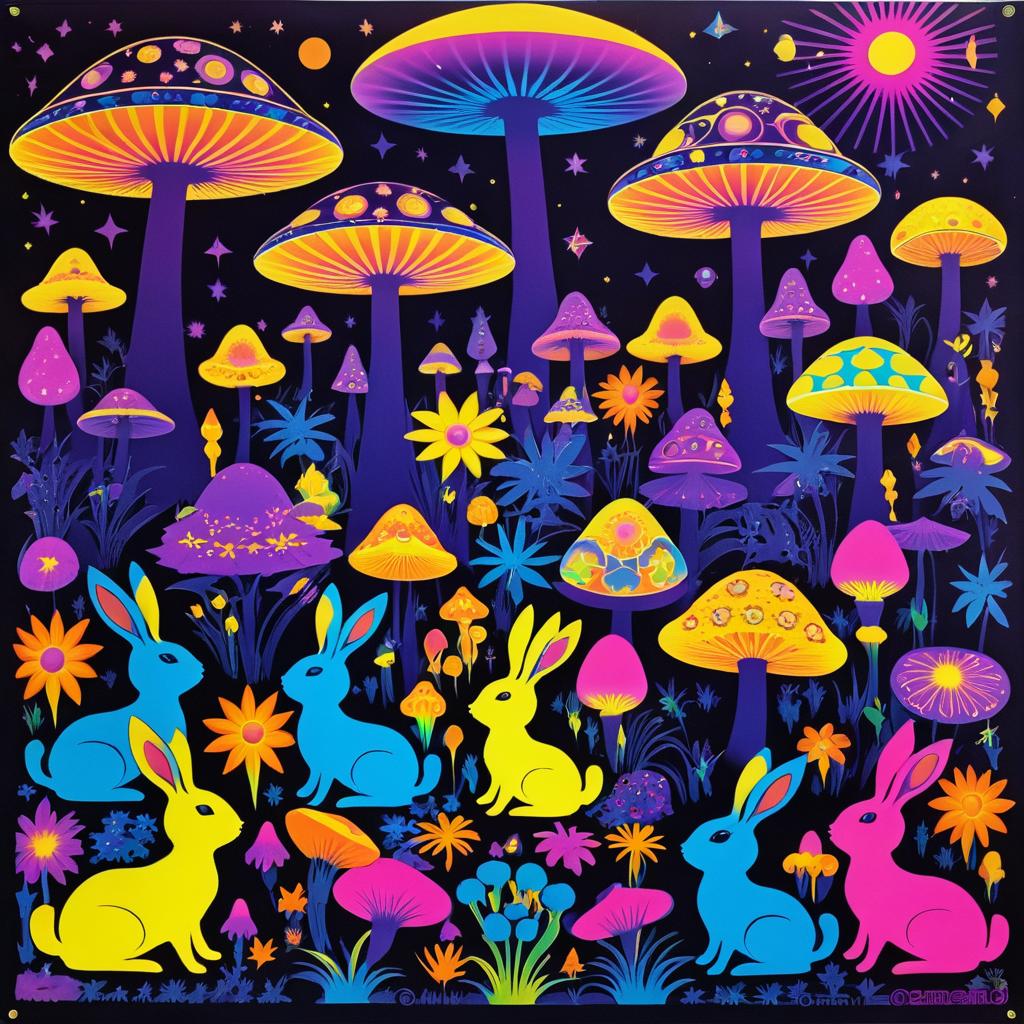 Psychedelic 70s Whimsical Rabbit Art