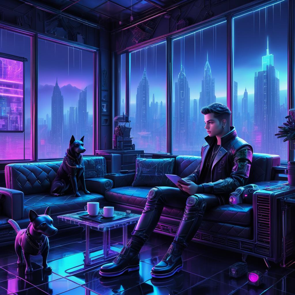 Cozy Cyberpunk Scene with Robotic Dog