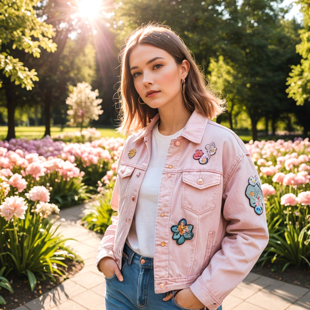 Trendy Woman in Sunlit Park with Flowers