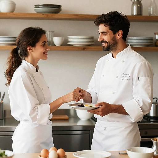 Chefs Interacting in a Bright Kitchen