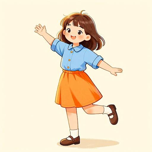 Colorful digital anime-style drawing of a cheerful young girl with brown hair, wearing a blue shirt, orange skirt, white socks, and brown shoes,