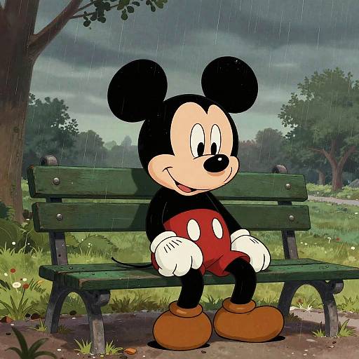 Cartoon image of Mickey Mouse sitting on a green wooden bench in a rainy park, smiling, with red shorts and brown shoes.