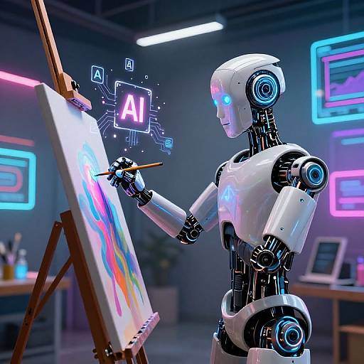 Digital artwork of a white, glowing humanoid robot painting on an easel, with neon 