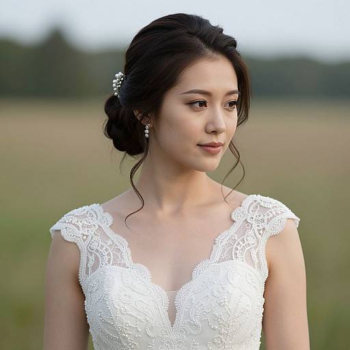 Photograph of an Asian woman with fair skin, dark hair in a bun, wearing a white lace wedding dress, standing in a blurred grassy field