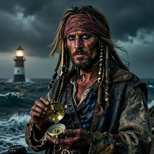 Photograph of a rugged, dirty pirate with dreadlocks, holding two brass coins, against a stormy sea and lighthouse backdrop.