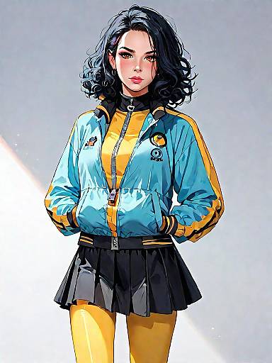 Sporty Woman in Color-Blocked Ski Jacket and Mini Skirt