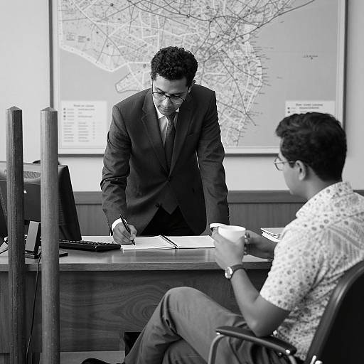 Black and White Office Scene with Two Men