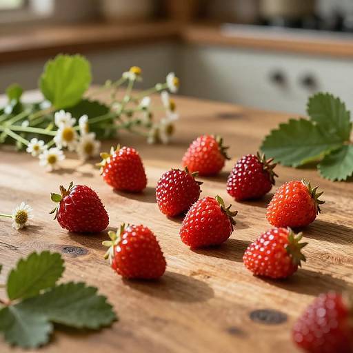 Photograph of fresh red strawberries scattered on a wooden kitchen counter, with green leaves and small white daisies in the background. Sunlight highlights the