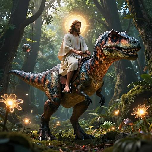 Jesus Riding Velociraptor in Mystical Forest