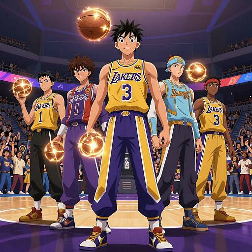 Digital anime-style drawing of six basketball players, five in yellow Lakers uniforms, one in purple, holding glowing basketballs in a brightly lit stadium.
