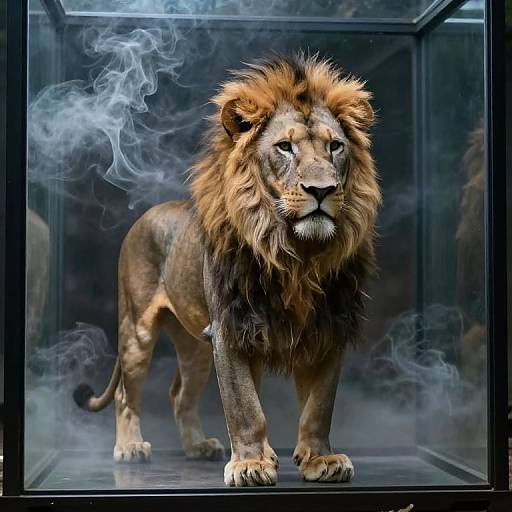 Photograph of a majestic lion with a smoky, ethereal background, standing confidently in a glass enclosure. His intense gaze and robust mane dominate the