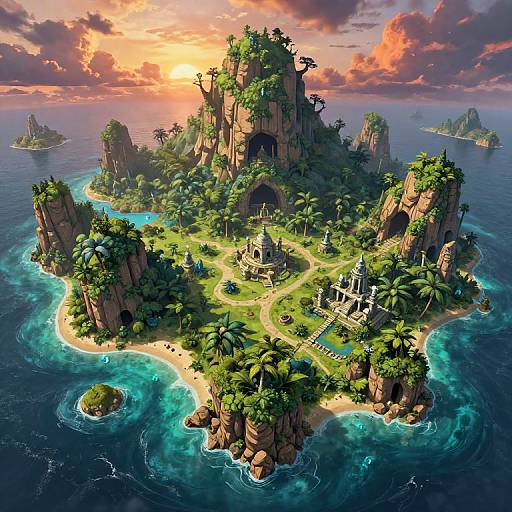 Digital fantasy illustration of a lush, tropical island with towering rock formations, ancient ruins, and vibrant greenery, set against a vibrant sunset over a calm