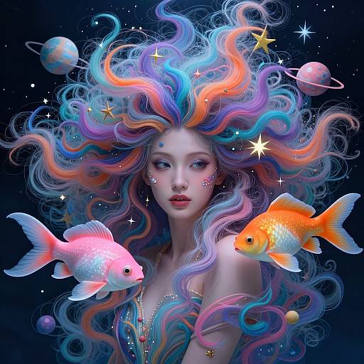 Digital art of a fair-skinned, ethereal woman with vibrant, multicolored, wavy hair, surrounded by glowing fish and planets, set