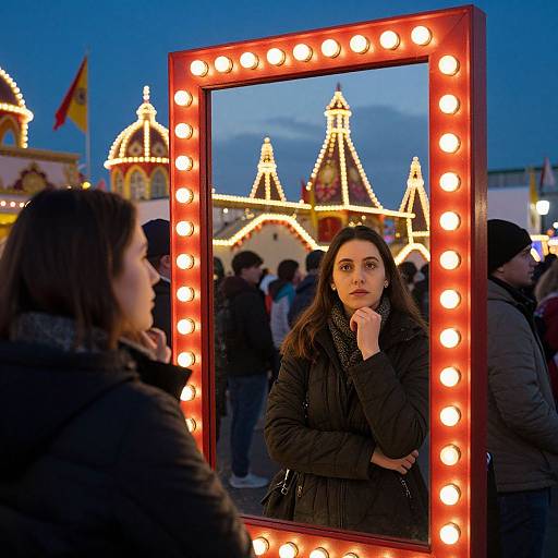 Photograph of a woman with long brown hair, wearing a black coat, standing in front of a lit mirror, reflecting festive evening lights and domed