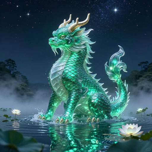 Digital artwork of a glowing green, dragon-like creature with horns, sitting in a moonlit pond surrounded by lotus flowers and starry sky.