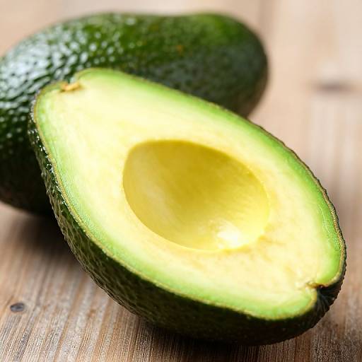 Photograph of a halved avocado on a wooden surface, showing the dark green textured skin and bright yellow-green flesh with a hollow pit.