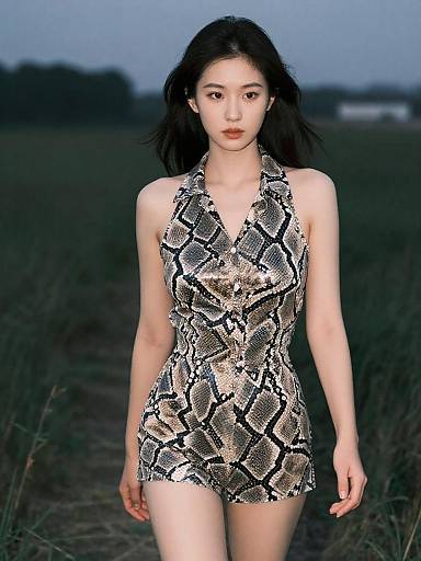 Photograph of an Asian woman with long black hair, wearing a sleeveless, V-neck, snakeskin-patterned mini dress, walking on a dark