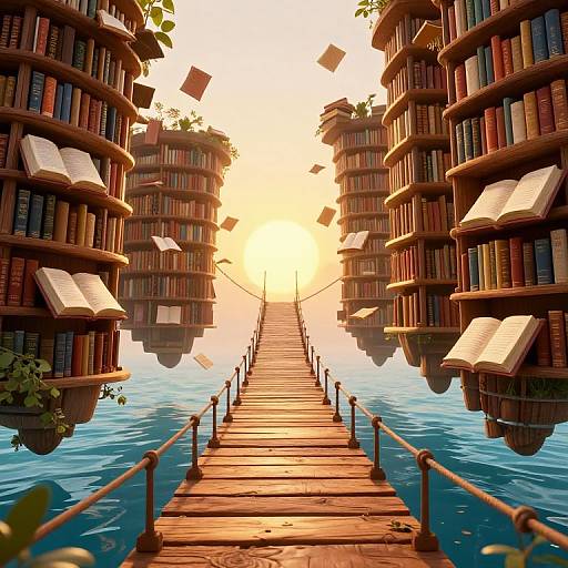 Surreal Floating Libraries with Wooden Bridge