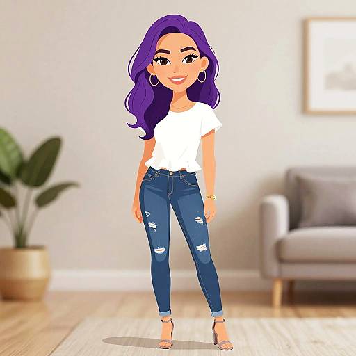 Digital cartoon of a smiling woman with long purple hair, wearing a white t-shirt, ripped blue jeans, and hoop earrings, standing in a bright,
