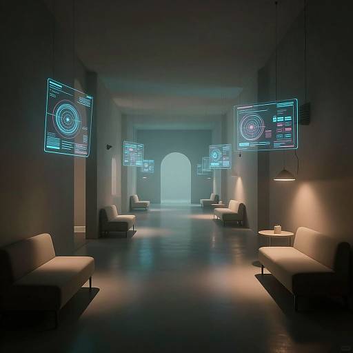 Photorealistic digital art of a modern, dimly lit lounge with neon blue holographic screens, white sofas, and round tables, leading to an