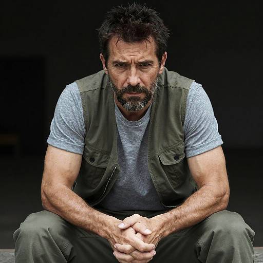Photograph of a rugged, middle-aged man with a thick beard, dark hair, and intense gaze, wearing a gray t-shirt and olive vest,