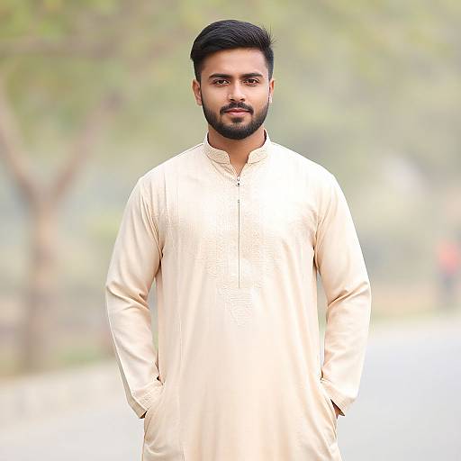 Photograph of a bearded South Asian man with short black hair, wearing a cream-colored traditional long kurta, standing outdoors with a blurred green and