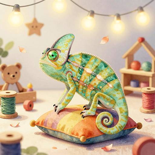 Photograph of a colorful, patterned chameleon figurine on a pillow, surrounded by yarn spools, a teddy bear, and string lights
