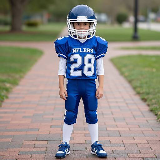 Photograph of a young boy standing on a brick path in a park, wearing a blue NFL jersey with 