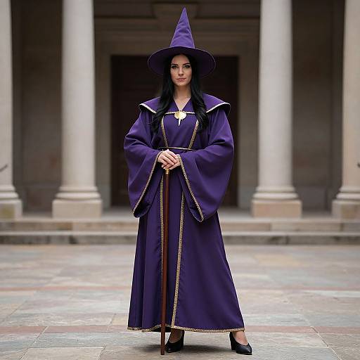 Photograph of a woman in a purple wizard costume with a tall hat, long robe, and gold trim, standing in a columned courtyard holding a
