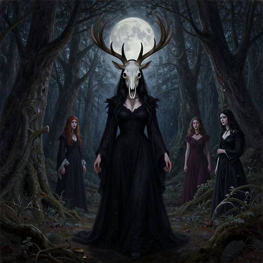 Digital artwork: Dark forest at night, full moon behind, central figure in black dress with deer skull mask, flanked by three eerie, pale women