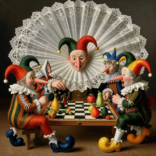 Photograph of four colorful, detailed, clown-like figures with jester hats, ruffled collars, and lace ruffs, playing a chess game