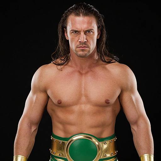 Photograph of a muscular, shirtless man with long dark hair, green and gold wrestling belt, intense expression, black background.