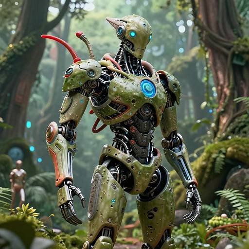 Photorealistic CGI of a cybernetic soldier with glowing blue eyes and red tendrils, standing in a lush, foggy forest.