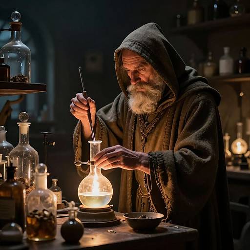 Elderly Alchemist in Dimly Lit Lab