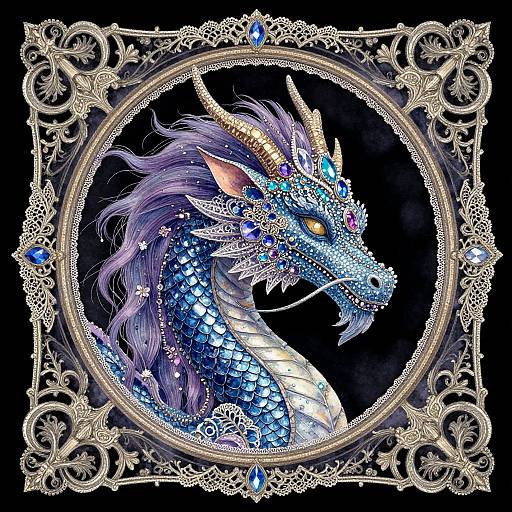 Digital artwork of a vibrant blue dragon with shimmering scales and purple mane, framed by intricate gold lace, set against a black background.