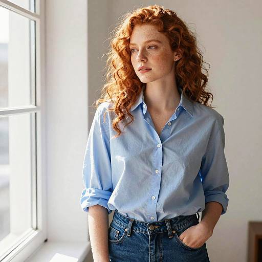 Photograph of a red-haired woman with freckles, wearing a light blue button-up shirt and blue jeans, standing by a sunlit window.