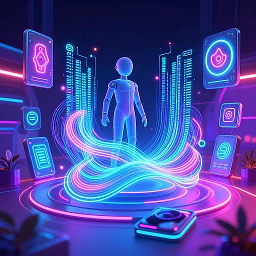 Neon-lit futuristic scene with glowing holographic interface panels, swirling blue and pink lights, and a transparent humanoid figure at center. Digital art,
