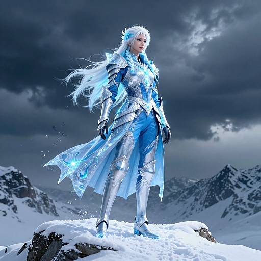 Digital artwork of a silver-haired, blue-eyed, armored woman in icy blue armor standing on snow-covered rocks against a stormy mountain backdrop.
