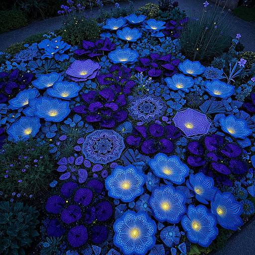 Photograph of a vibrant, nighttime garden with glowing blue and purple lily pads illuminated by small, yellow lights, creating a mesmerizing, otherworld