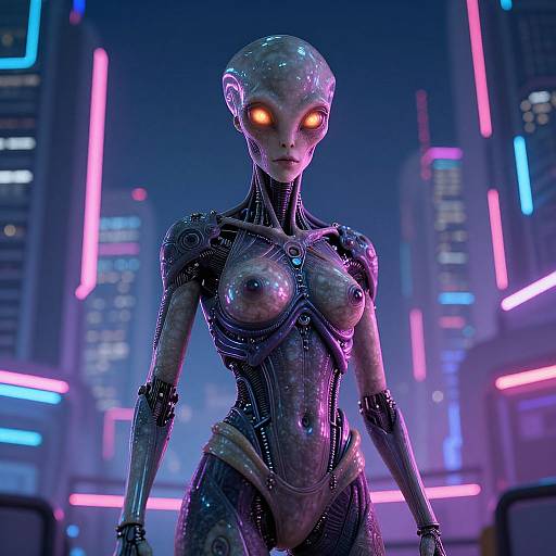 Digital CGI of a futuristic, neon-lit cityscape featuring a sleek, cybernetic alien woman with glowing orange eyes, metallic skin, and exposed