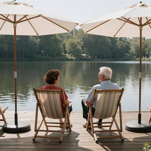 Elderly Couple Relaxing on Lakeside Dock