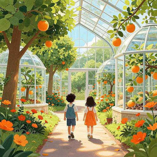 Digital illustration of two children, one boy in a blue shirt, the other in an orange dress, walking through a sunlit greenhouse filled with orange flowers
