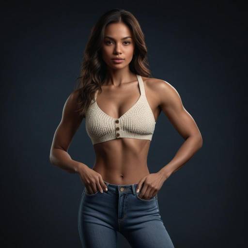 Fit Woman in Knitted Bikini Top and Jeans