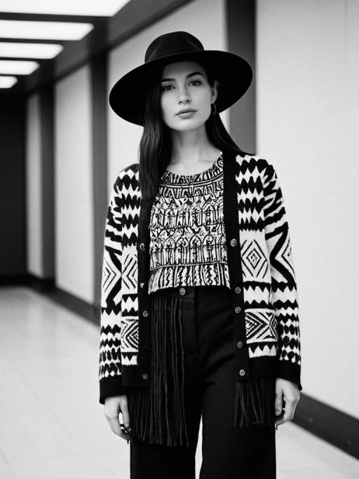 Stylish Woman in Monochrome Cardigan and Wide-Brimmed Hat
